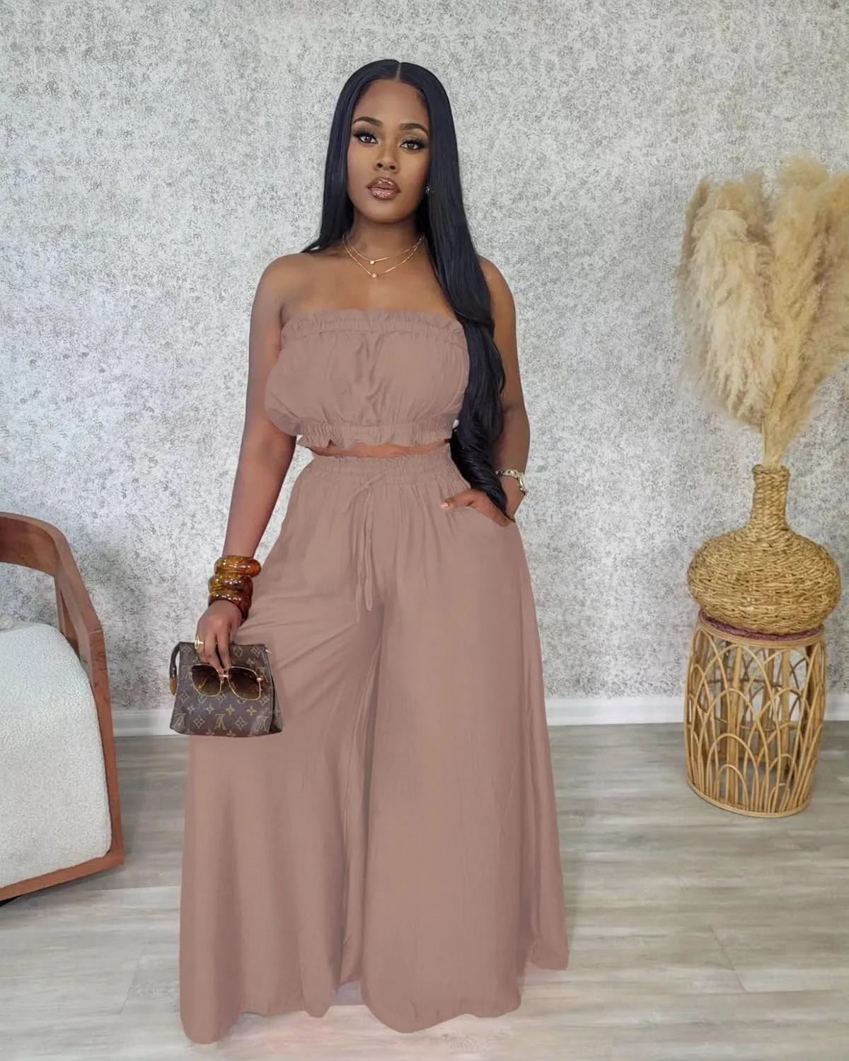 Two Piece Sets for Women Summer Outfits Crop Tops and Wide Leg Pants Sets Sexy Jumpsuits Vacation Outfits with Pockets