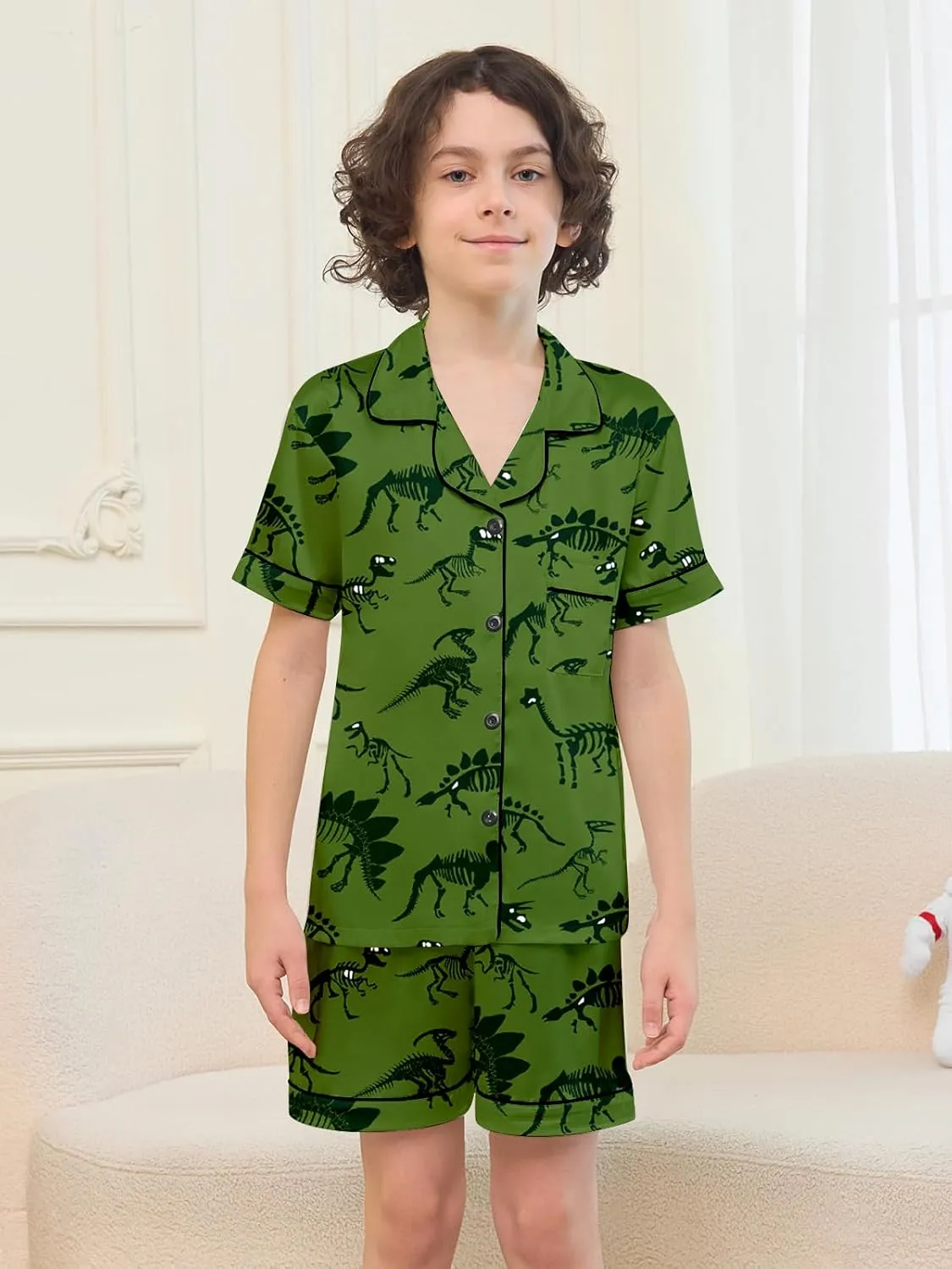 Umeyda Boys Silk Pajamas Sets Short Sleeve Sleepwear 3 Piece Pjs Set