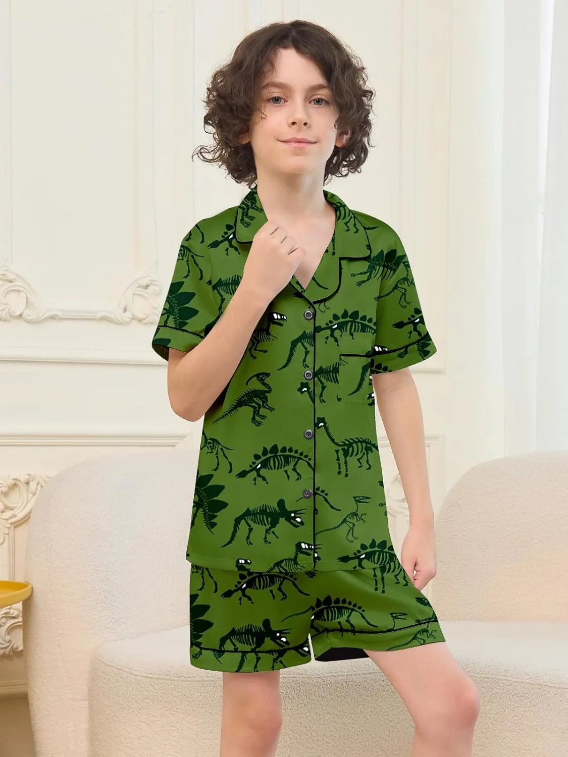 Umeyda Boys Silk Pajamas Sets Short Sleeve Sleepwear 3 Piece Pjs Set