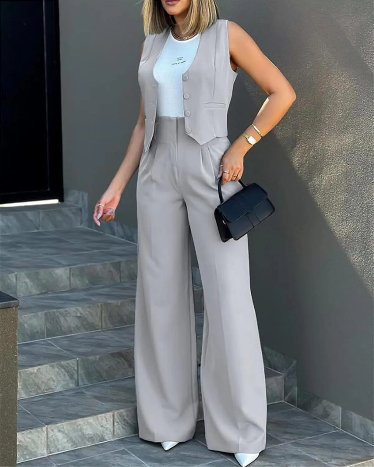 Vest Pants Suits for Women Sleeveless Suit Vest and Wide Leg Pants Business Casual Blazer Sets Suit Matching Sets