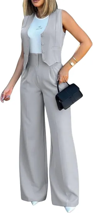 Vest Pants Suits for Women Sleeveless Suit Vest and Wide Leg Pants Business Casual Blazer Sets Suit Matching Sets
