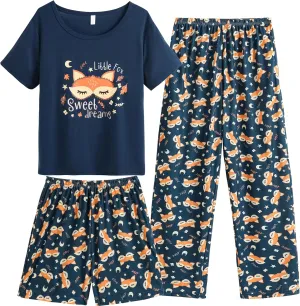 Vopmocld Big Girls' Short Sleeve & Shorts & Pants Pajama Sets 3PCS Cartoon Patterns Cute Lounge Sets for Teens 8-18 Years