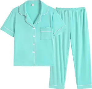 Vopmocld Boys Girls Short Sleeve & Pants Button Down Pajama Sets Solid Color with Pockets Sleepwear Outfit Teens Lounge