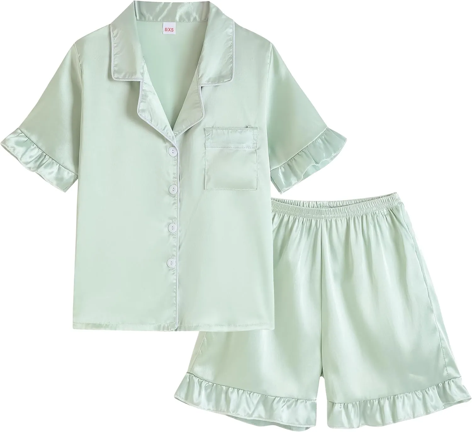 Vopmocld Girls Button Down Satin Pajama Sets 2PCS Ruffle Short Sleeve Top with Shorts Sleepwear Summer Outfit for Teens