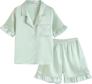 Vopmocld Girls Button Down Satin Pajama Sets 2PCS Ruffle Short Sleeve Top with Shorts Sleepwear Summer Outfit for Teens