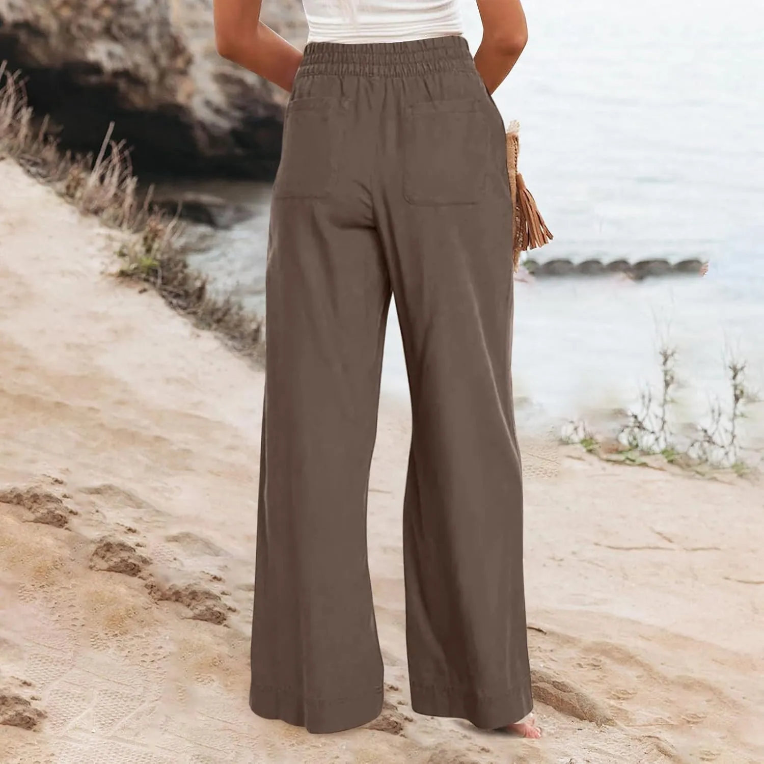 Wide Leg Linen Pants for Women Smocked Elastic High Waisted Palazzo Pants Summer Flowy Beach Trousers with Pockets