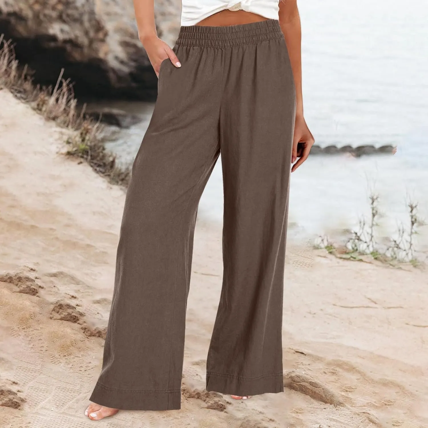 Wide Leg Linen Pants for Women Smocked Elastic High Waisted Palazzo Pants Summer Flowy Beach Trousers with Pockets