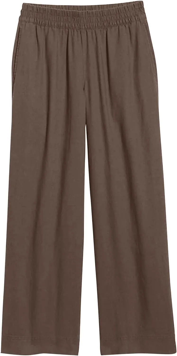 Wide Leg Linen Pants for Women Smocked Elastic High Waisted Palazzo Pants Summer Flowy Beach Trousers with Pockets