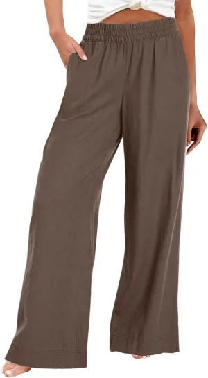Wide Leg Linen Pants for Women Smocked Elastic High Waisted Palazzo Pants Summer Flowy Beach Trousers with Pockets