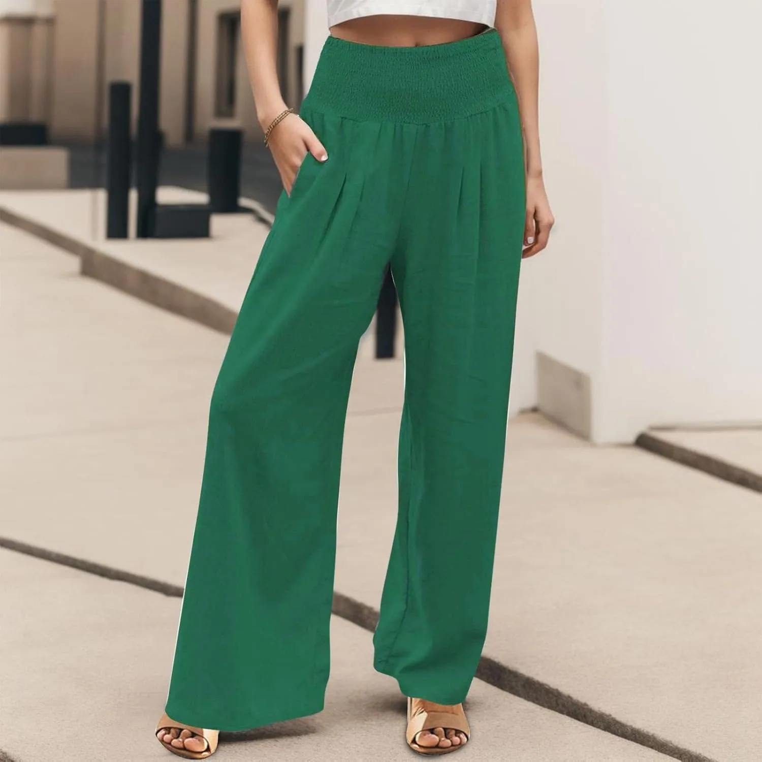 Wide Leg Pants for Women with Pockets Casual High Waisted Straight Leg Palazzo Pant Loose Solid Lounge Trousers