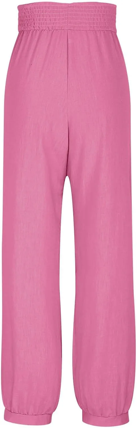 Wide Leg Pants Woman Linen Summer Beach Pants Elastic High Waisted Trousers Palazzo Lounge Pant with Pockets 2025
