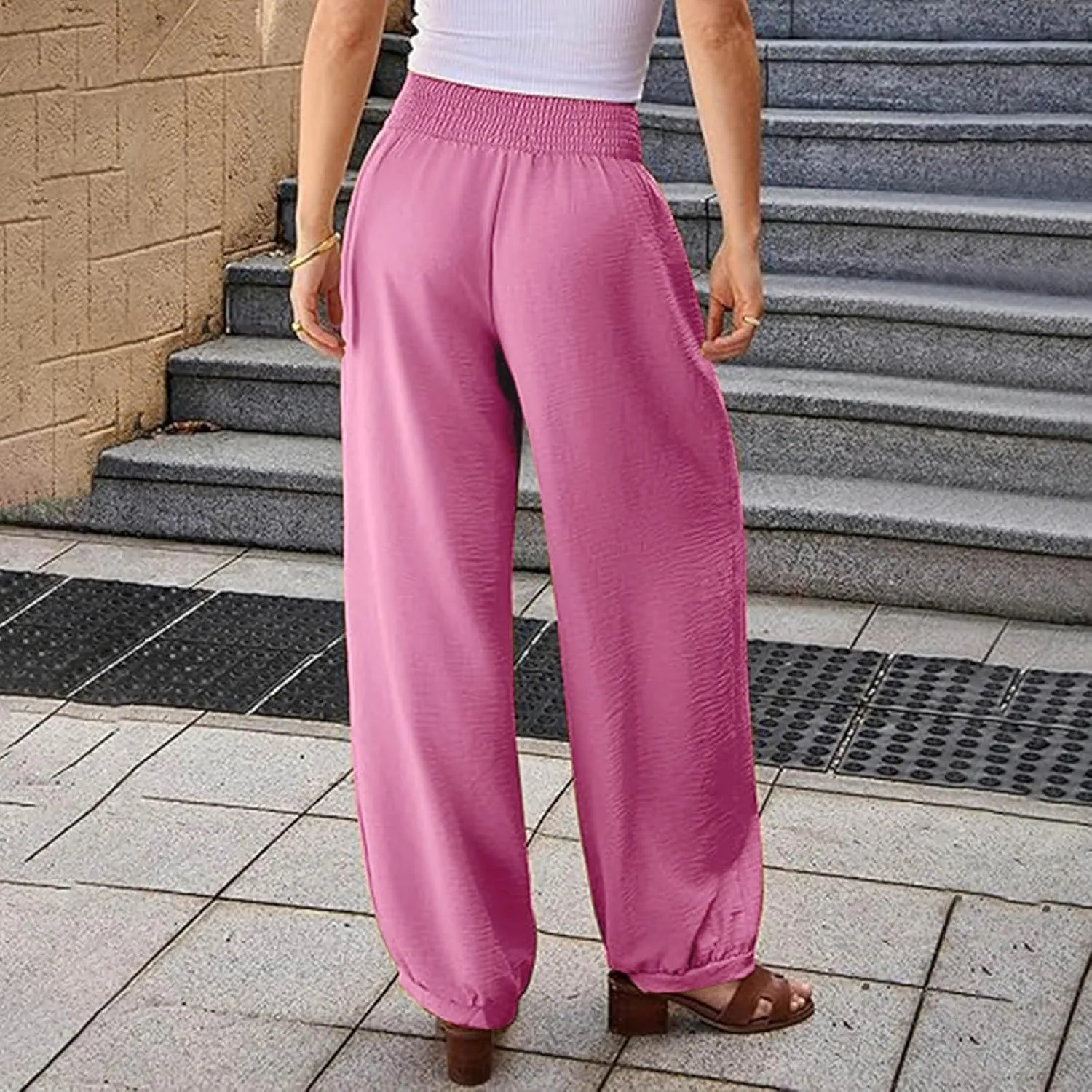 Wide Leg Pants Woman Linen Summer Beach Pants Elastic High Waisted Trousers Palazzo Lounge Pant with Pockets 2025