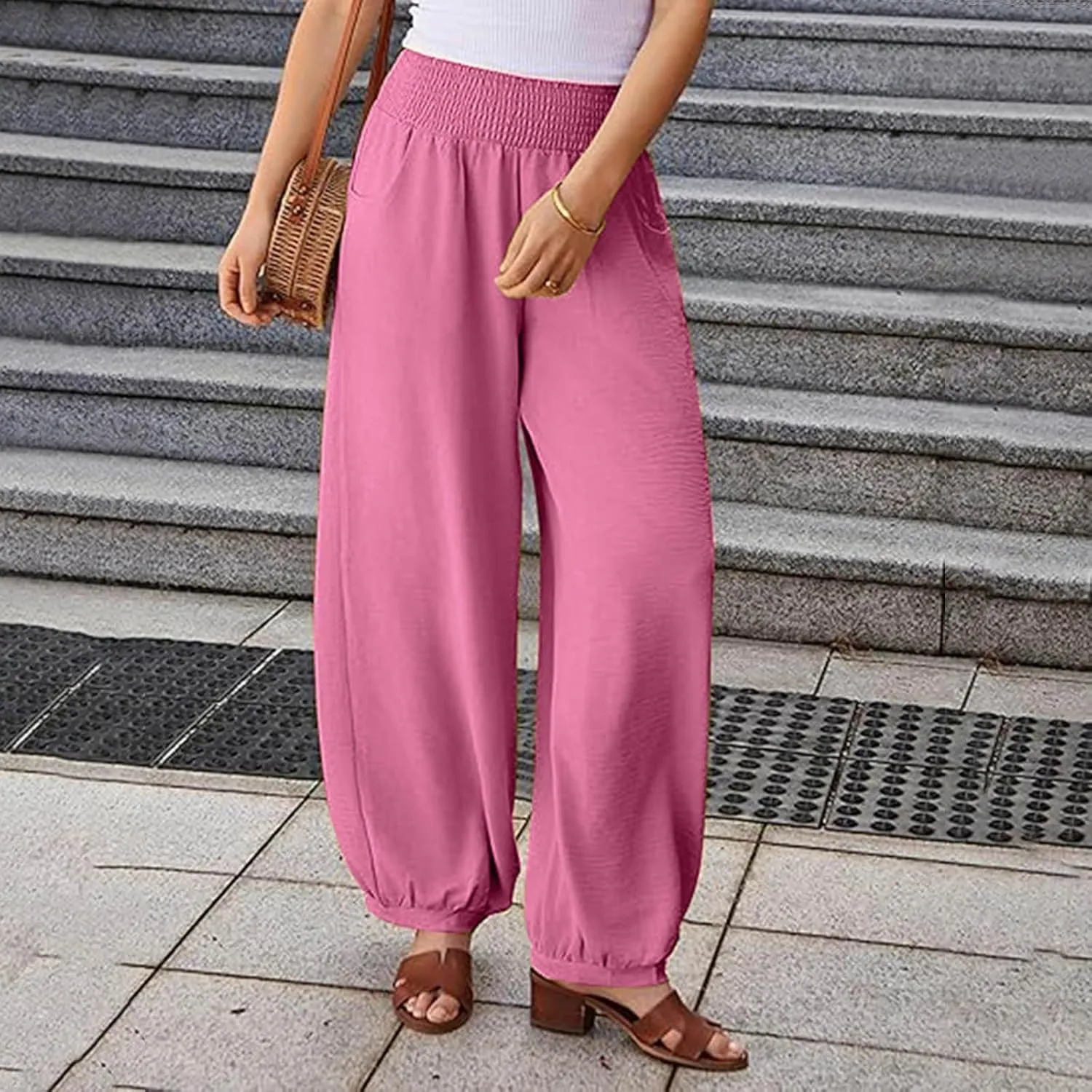 Wide Leg Pants Woman Linen Summer Beach Pants Elastic High Waisted Trousers Palazzo Lounge Pant with Pockets 2025