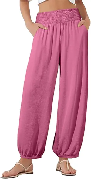 Wide Leg Pants Woman Linen Summer Beach Pants Elastic High Waisted Trousers Palazzo Lounge Pant with Pockets 2025