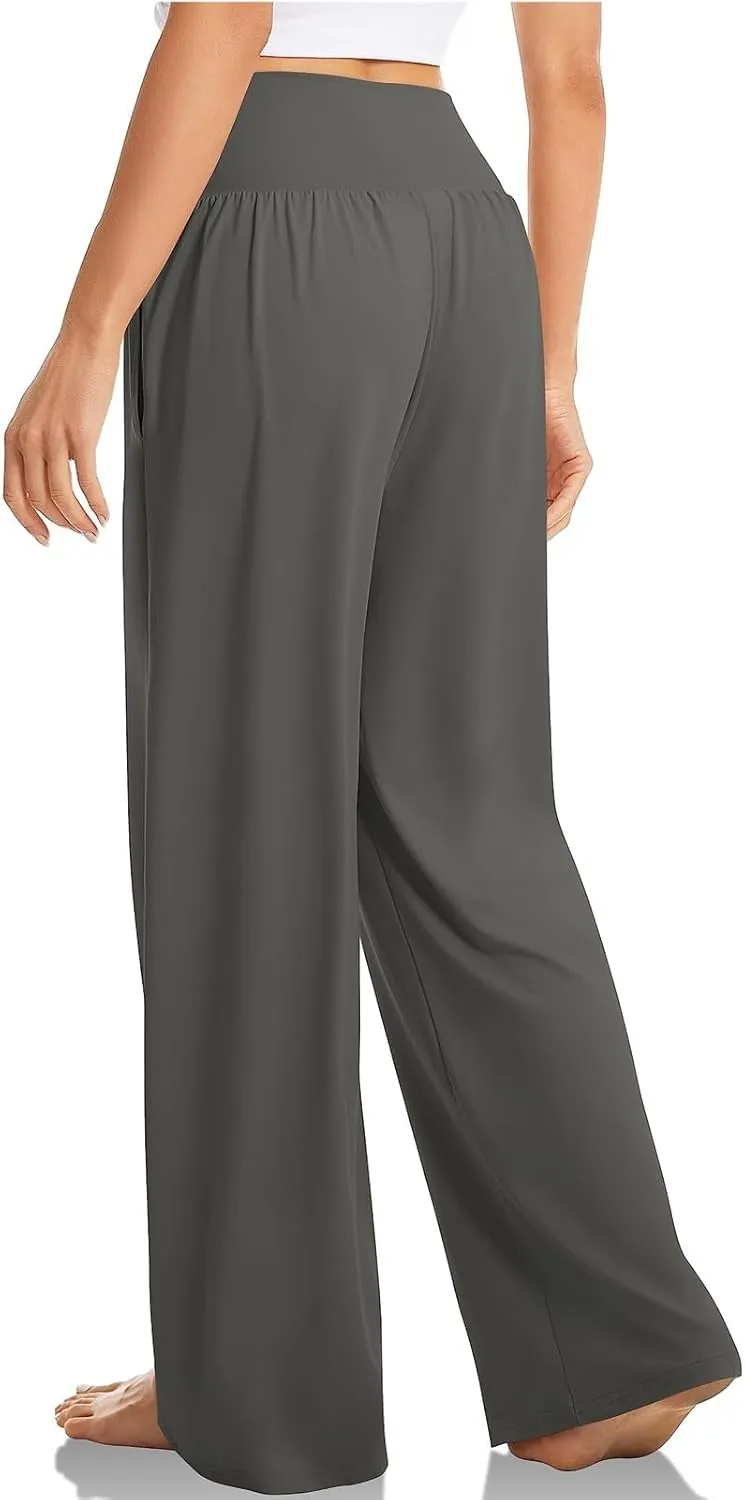 Wide Leg Yoga Pants for Women Crossover High Waisted Athletic Pants with Pockets Soft Straight Leg Lounge Pants