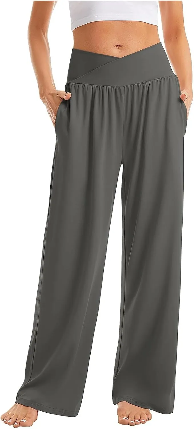 Wide Leg Yoga Pants for Women Crossover High Waisted Athletic Pants with Pockets Soft Straight Leg Lounge Pants