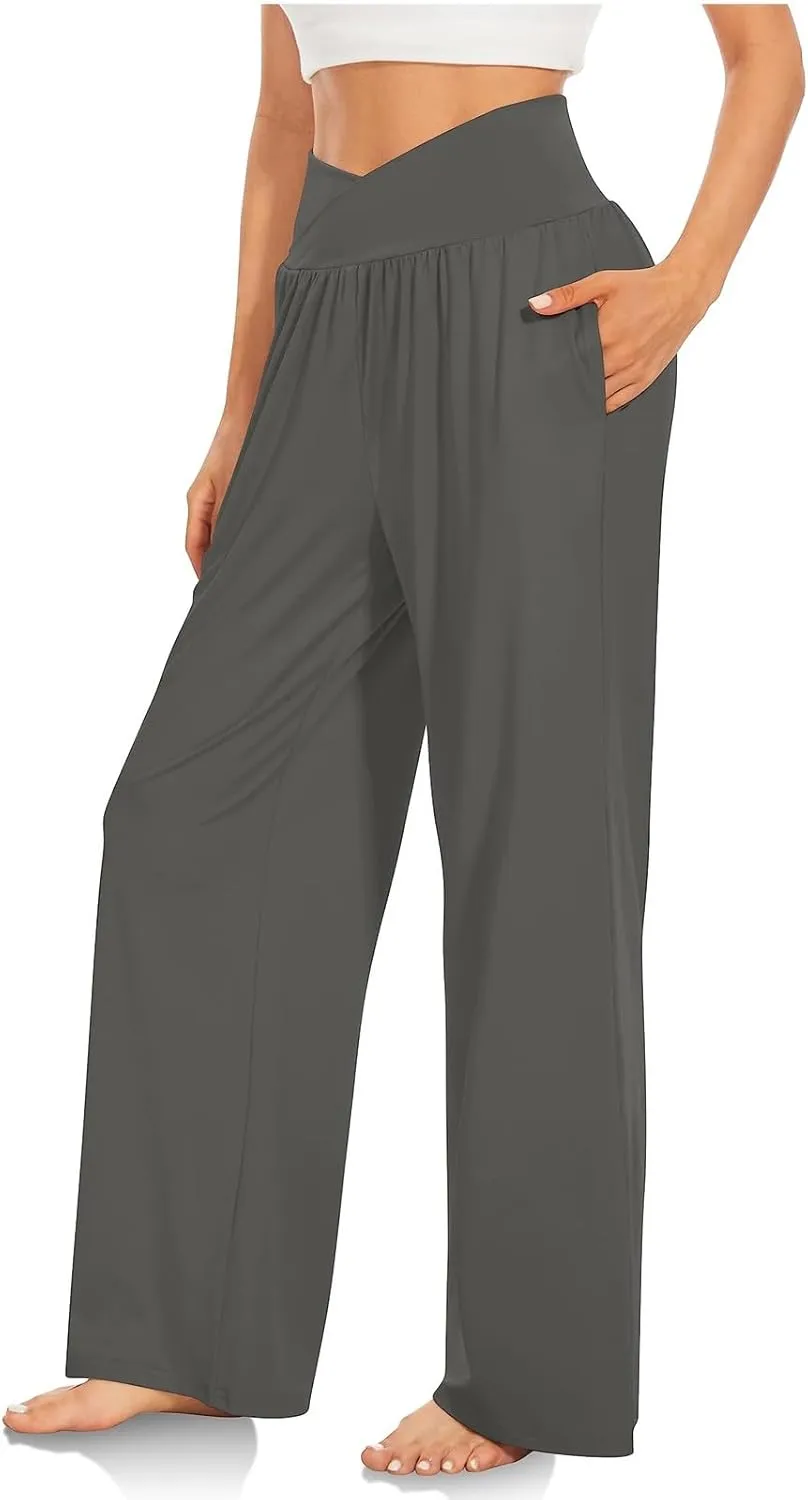Wide Leg Yoga Pants for Women Crossover High Waisted Athletic Pants with Pockets Soft Straight Leg Lounge Pants