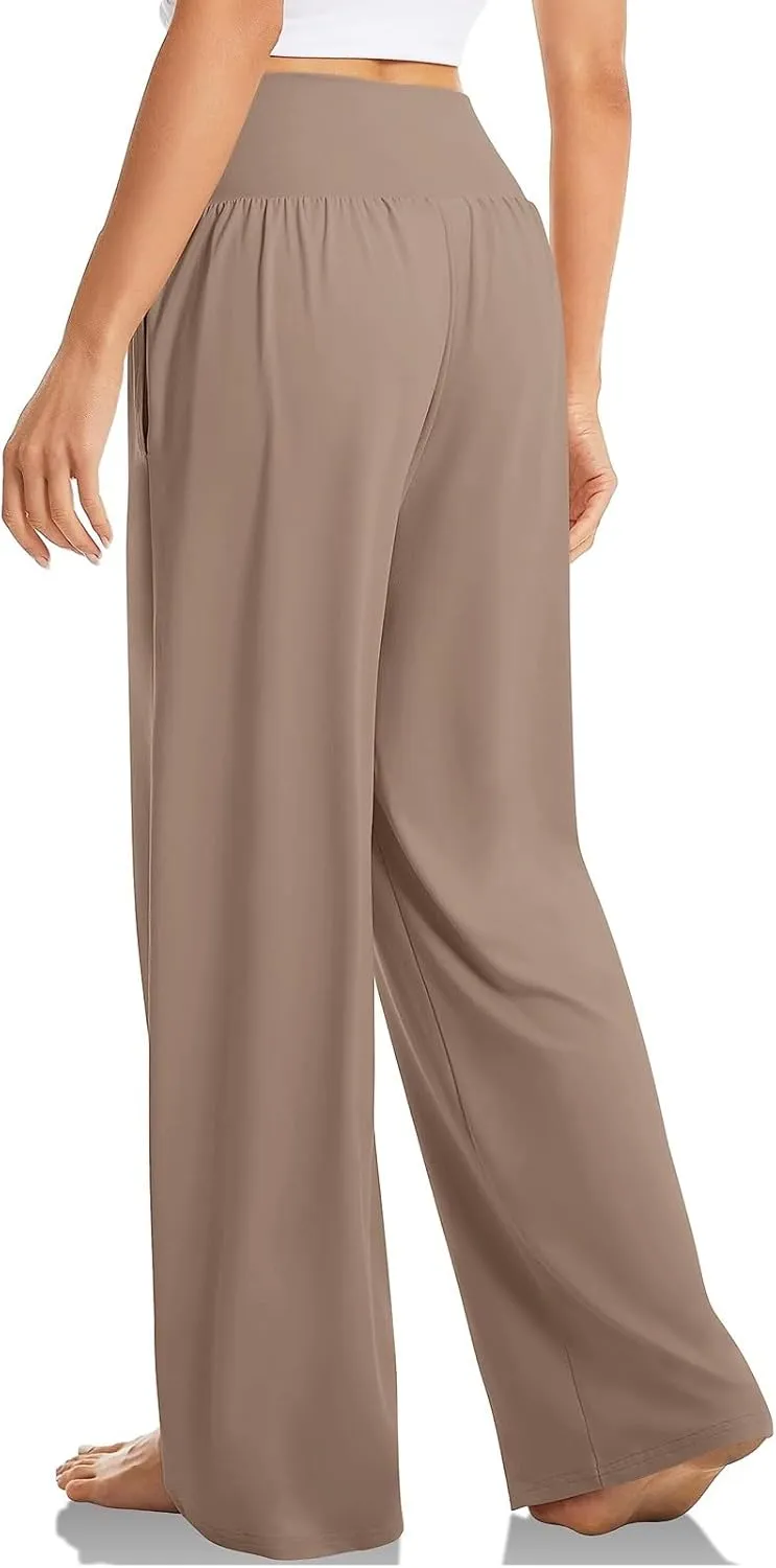 Wide Leg Yoga Pants for Women Crossover High Waisted Athletic Pants with Pockets Soft Straight Leg Lounge Pants