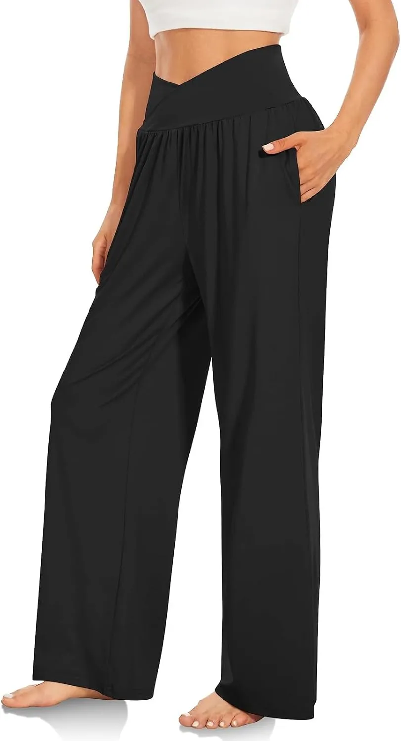 Wide Leg Yoga Pants for Women Crossover High Waisted Athletic Pants with Pockets Soft Straight Leg Lounge Pants