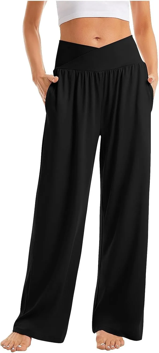 Wide Leg Yoga Pants for Women Crossover High Waisted Athletic Pants with Pockets Soft Straight Leg Lounge Pants