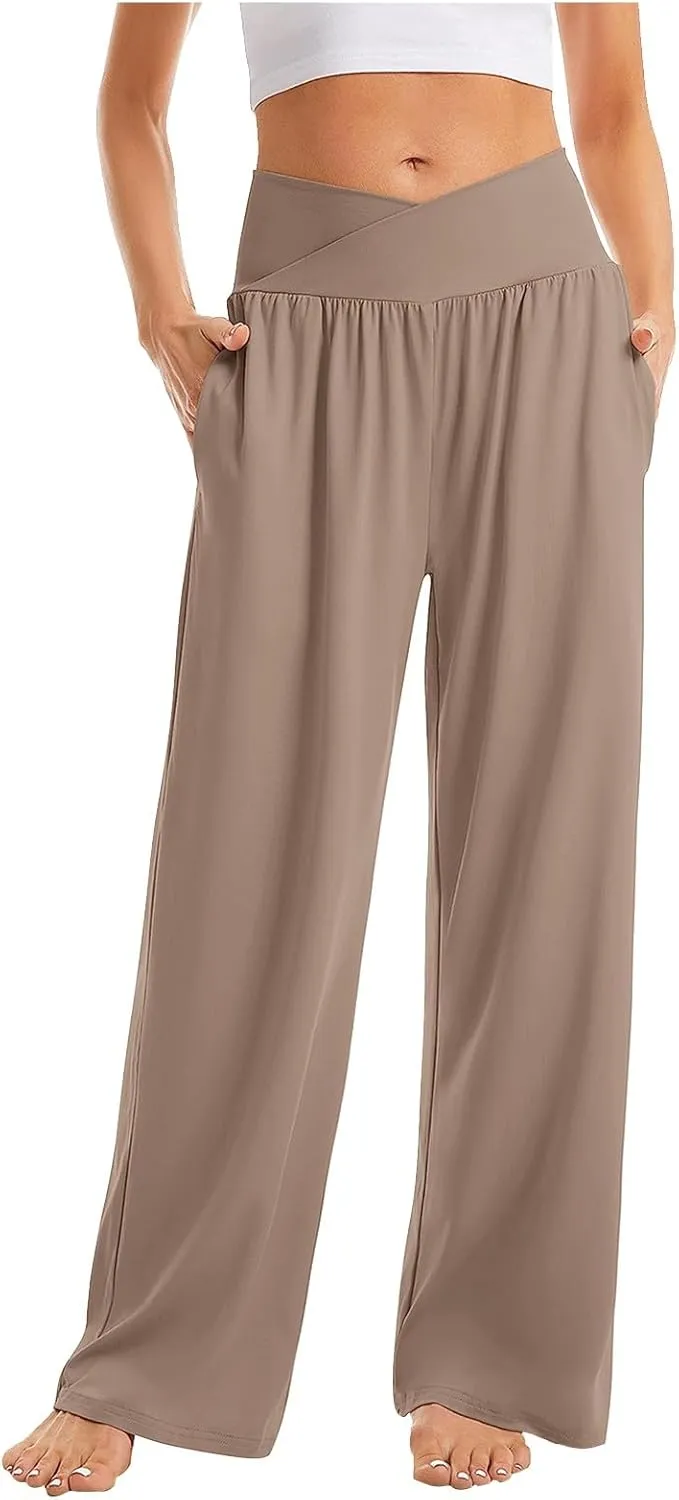 Wide Leg Yoga Pants for Women Crossover High Waisted Athletic Pants with Pockets Soft Straight Leg Lounge Pants