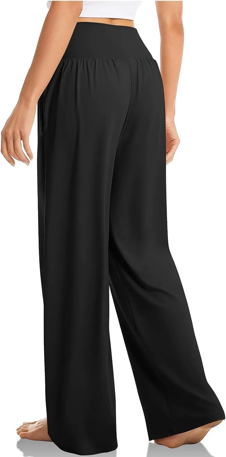 Wide Leg Yoga Pants for Women Crossover High Waisted Athletic Pants with Pockets Soft Straight Leg Lounge Pants
