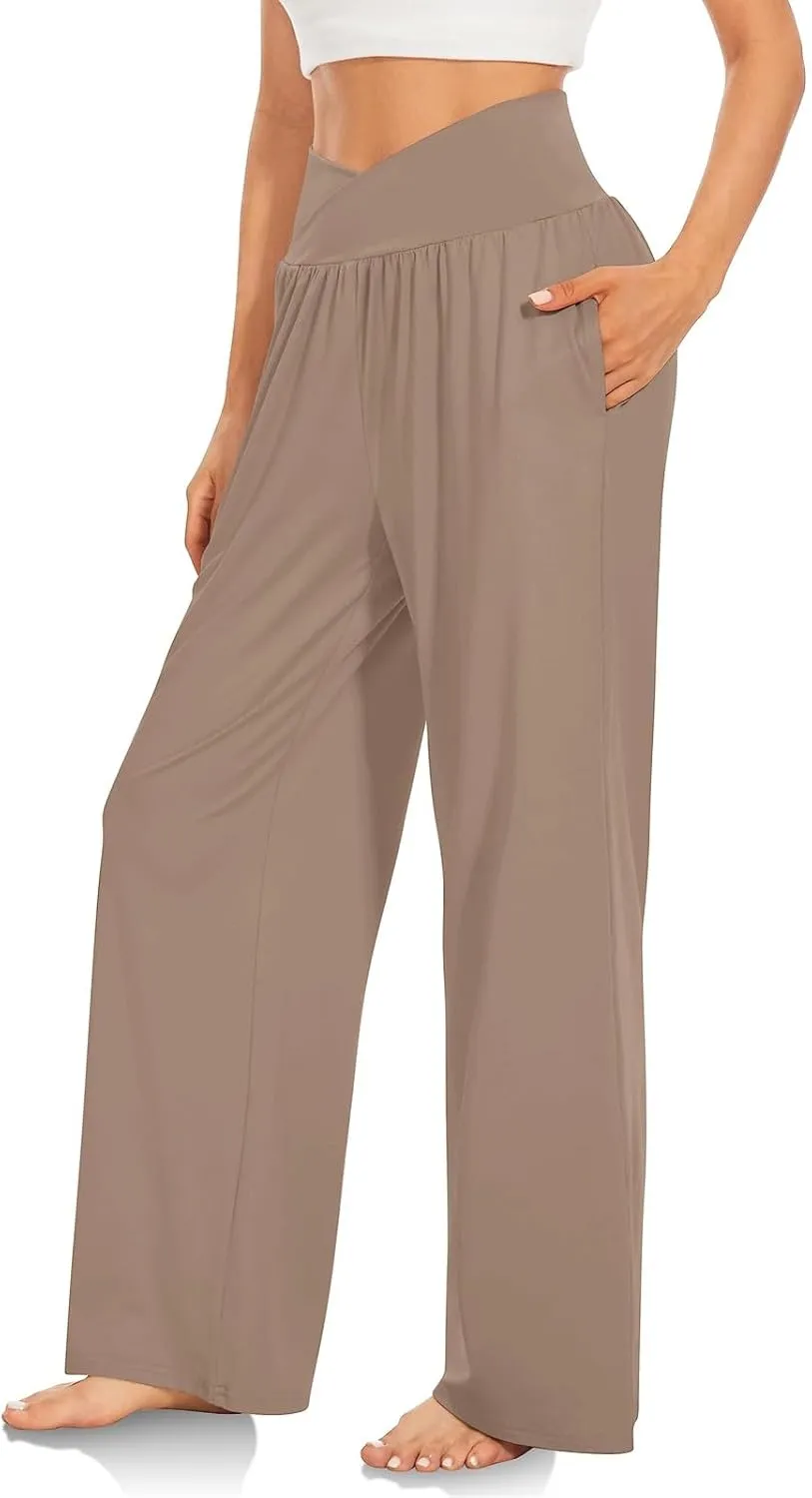 Wide Leg Yoga Pants for Women Crossover High Waisted Athletic Pants with Pockets Soft Straight Leg Lounge Pants