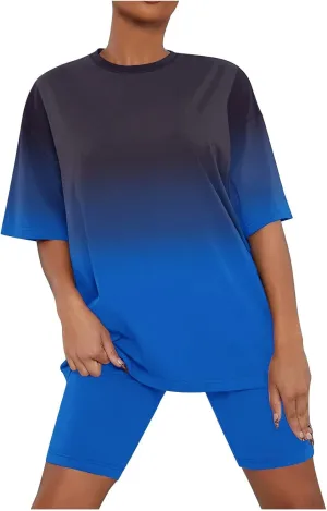 Women 2 Piece Pajama Set Gradient Loungewear Outfits Summer Oversized Short Sleeve Tee Tops and Biker Shorts Soft