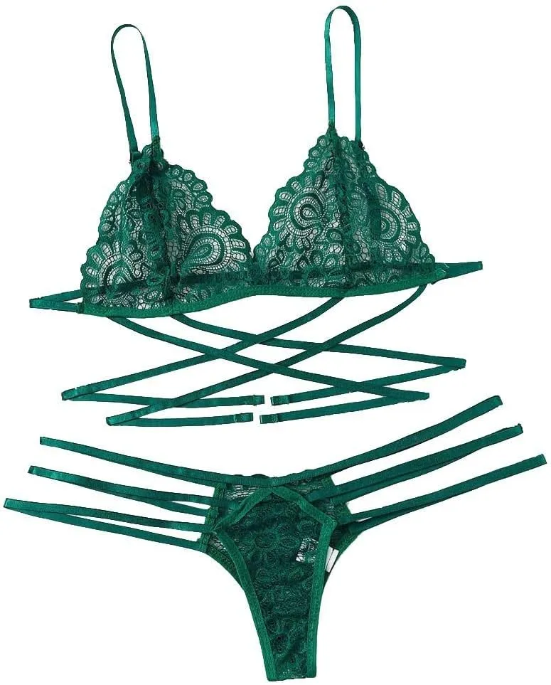 Women Lace Lingerie Set 2 Pieces Bra and Panty Strappy Lingerie Set Mesh Underwear Negligee Slutty Lingerie for Women
