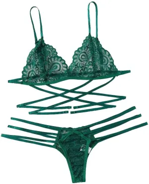 Women Lace Lingerie Set 2 Pieces Bra and Panty Strappy Lingerie Set Mesh Underwear Negligee Slutty Lingerie for Women