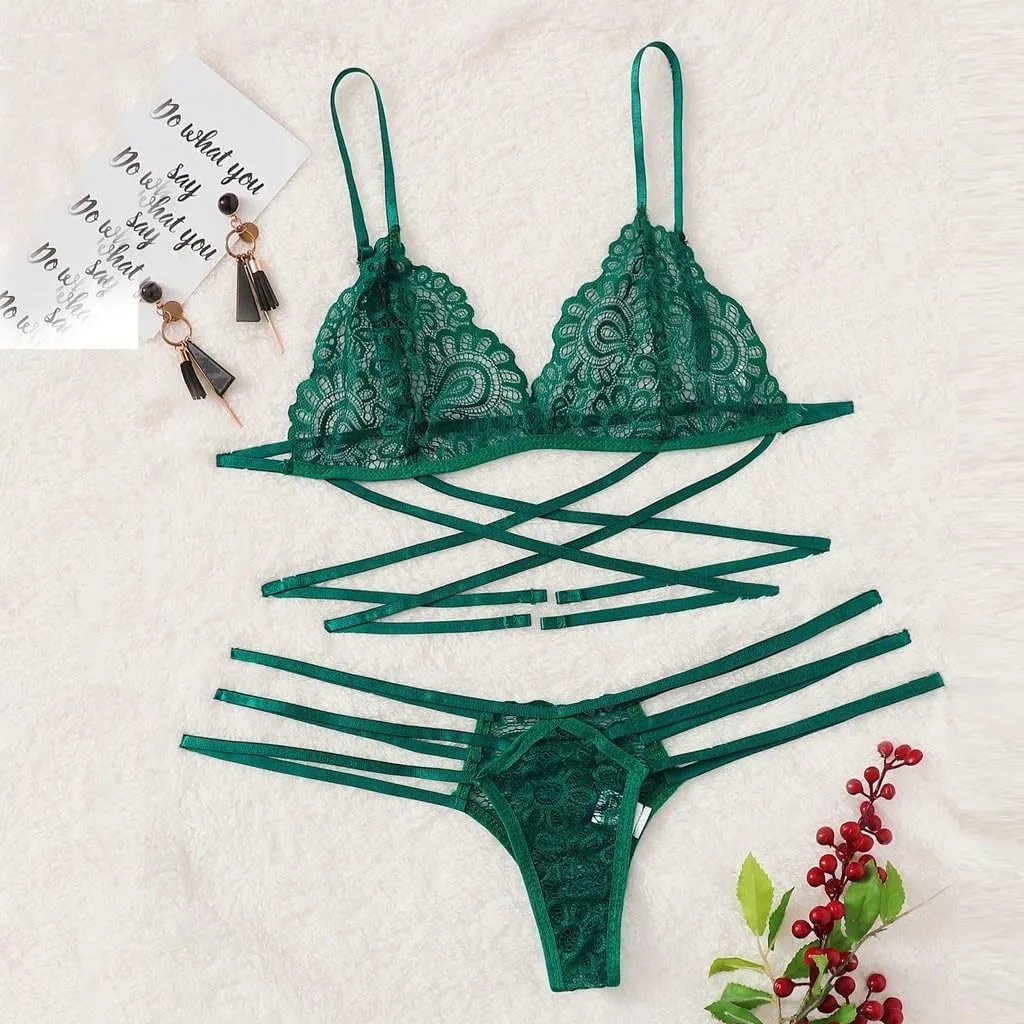 Women Lace Lingerie Set 2 Pieces Bra and Panty Strappy Lingerie Set Mesh Underwear Negligee Slutty Lingerie for Women