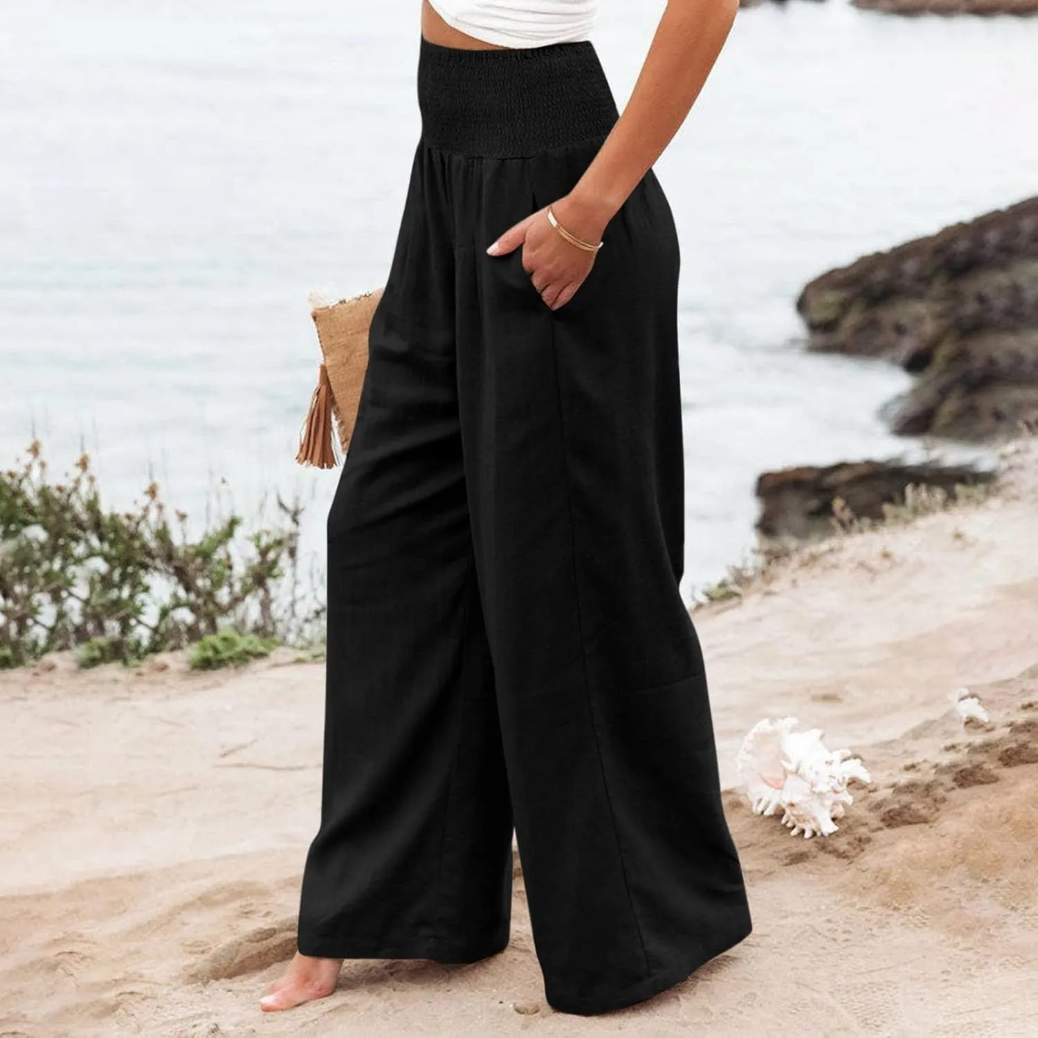 Women Linen Palazzo Pants Summer Wide Leg High Waist Casual Lounge Pant Beach Vacation Trousers with Pockets