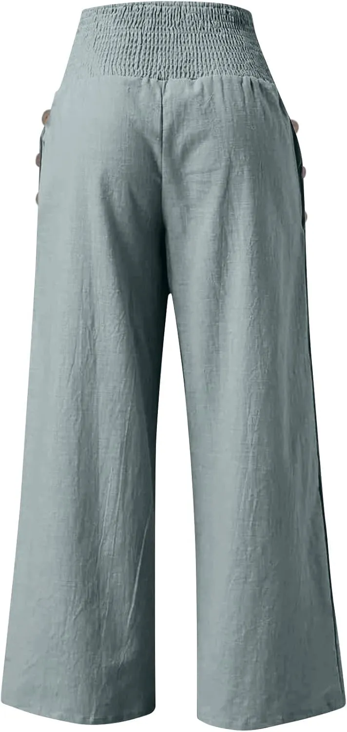 Women Linen Palazzo Pants Summer Wide Leg High Waist Casual Lounge Pant Beach Vacation Trousers with Pockets