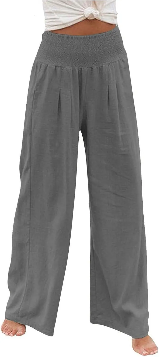 Women Linen Palazzo Pants Summer Wide Leg High Waist Casual Lounge Pant Beach Vacation Trousers with Pockets