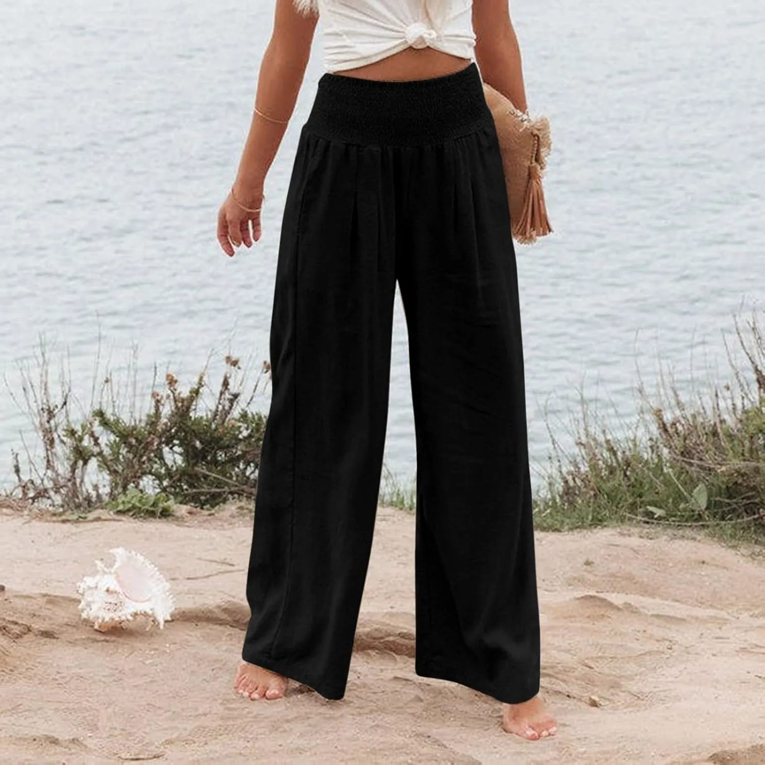 Women Linen Palazzo Pants Summer Wide Leg High Waist Casual Lounge Pant Beach Vacation Trousers with Pockets