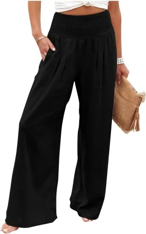 Women Linen Palazzo Pants Summer Wide Leg High Waist Casual Lounge Pant Beach Vacation Trousers with Pockets