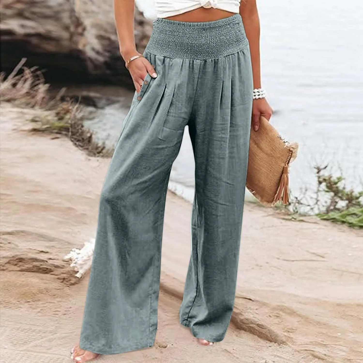Women Linen Palazzo Pants Summer Wide Leg High Waist Casual Lounge Pant Beach Vacation Trousers with Pockets