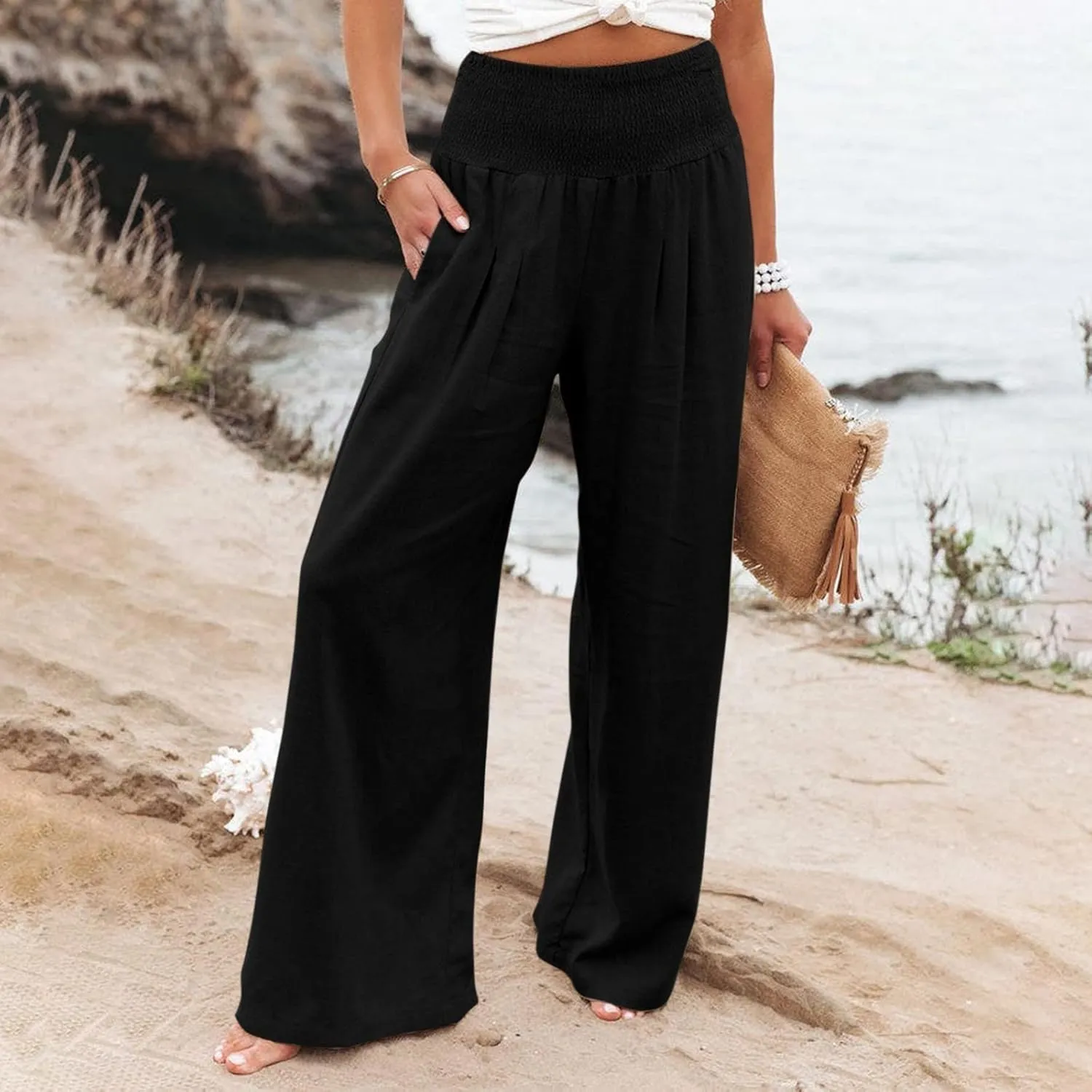 Women Linen Palazzo Pants Summer Wide Leg High Waist Casual Lounge Pant Beach Vacation Trousers with Pockets