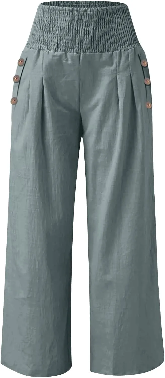 Women Linen Palazzo Pants Summer Wide Leg High Waist Casual Lounge Pant Beach Vacation Trousers with Pockets