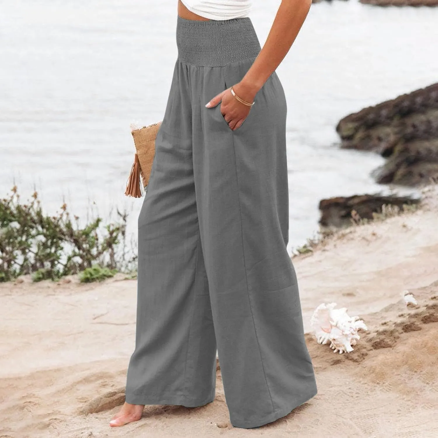 Women Linen Palazzo Pants Summer Wide Leg High Waist Casual Lounge Pant Beach Vacation Trousers with Pockets