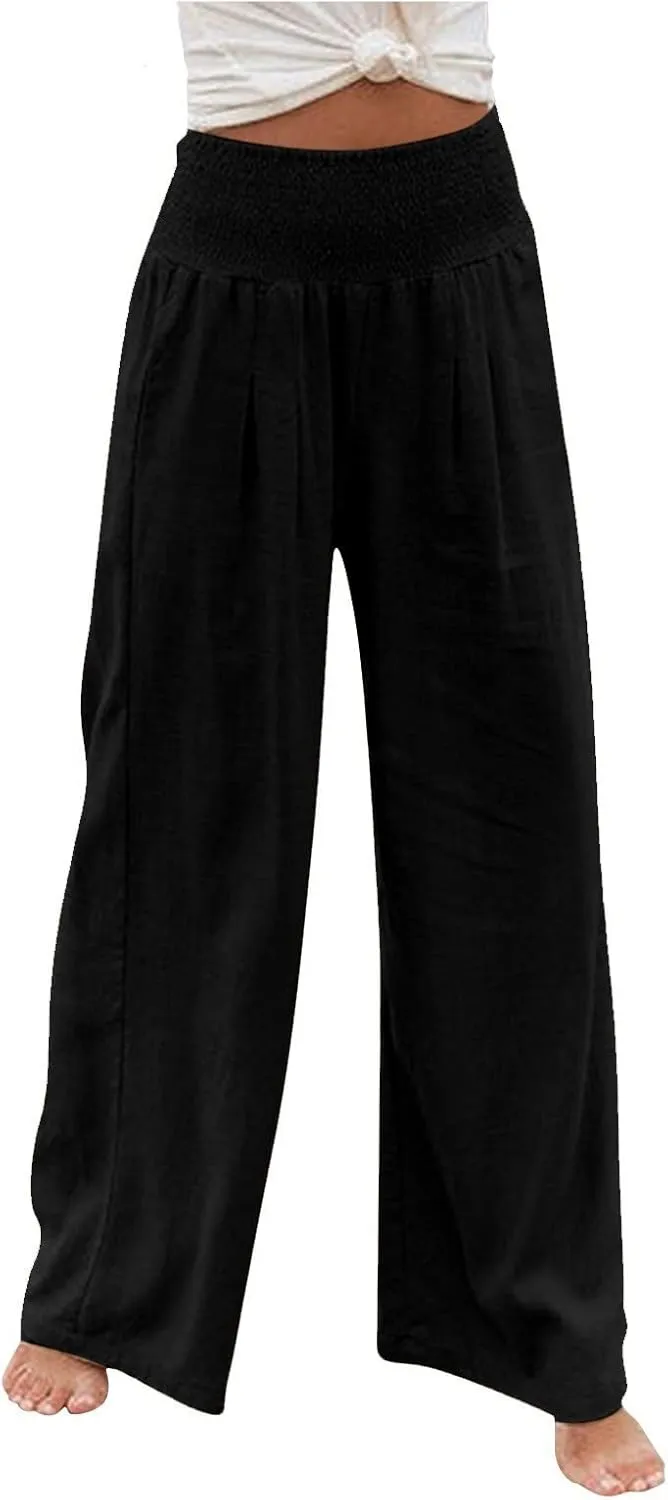 Women Linen Palazzo Pants Summer Wide Leg High Waist Casual Lounge Pant Beach Vacation Trousers with Pockets