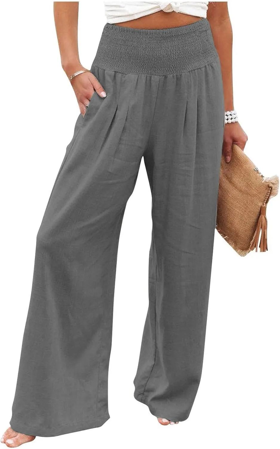 Women Linen Palazzo Pants Summer Wide Leg High Waist Casual Lounge Pant Beach Vacation Trousers with Pockets