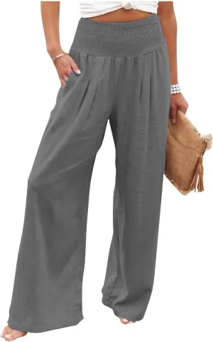 Women Linen Palazzo Pants Summer Wide Leg High Waist Casual Lounge Pant Beach Vacation Trousers with Pockets