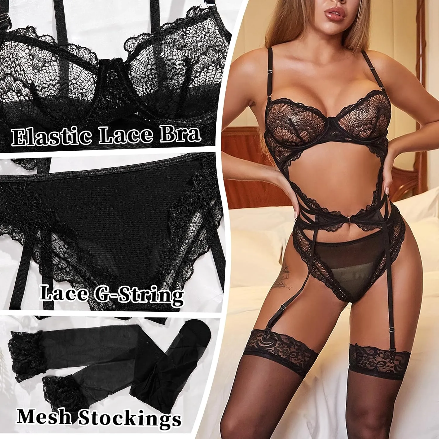 Women Lingerie Sexy Lace Bodysuit Bra and Panty Lingerie with Mesh Stockings 3 Piece Set Teddy Babydoll Lingerie