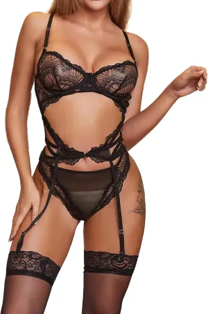 Women Lingerie Sexy Lace Bodysuit Bra and Panty Lingerie with Mesh Stockings 3 Piece Set Teddy Babydoll Lingerie