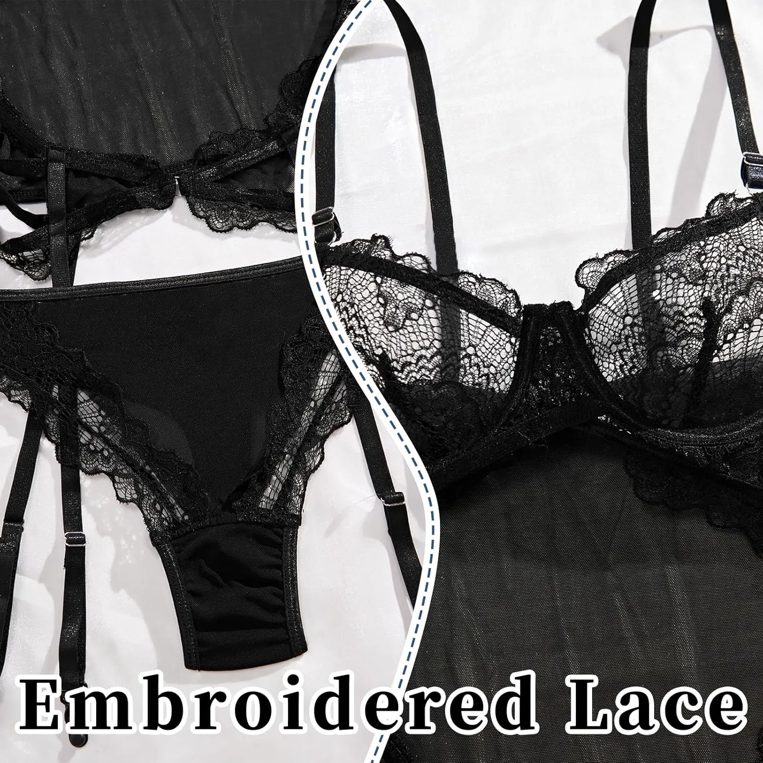 Women Lingerie Sexy Lace Bodysuit Bra and Panty Lingerie with Mesh Stockings 3 Piece Set Teddy Babydoll Lingerie