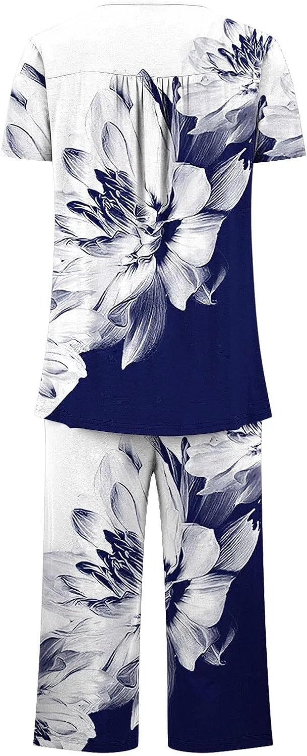 Women Pajama Sets Tie Dye 2 Piece Lounge Set Short Sleeve Henley Neck Shirt And Capri Pants Sleepwear With Pockets