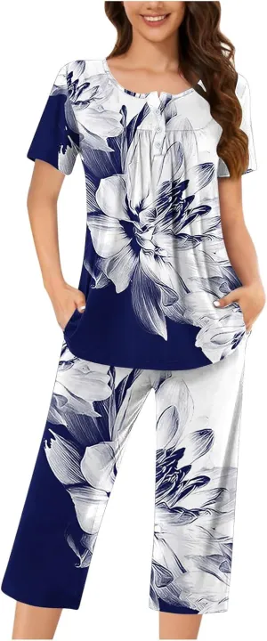 Women Pajama Sets Tie Dye 2 Piece Lounge Set Short Sleeve Henley Neck Shirt And Capri Pants Sleepwear With Pockets