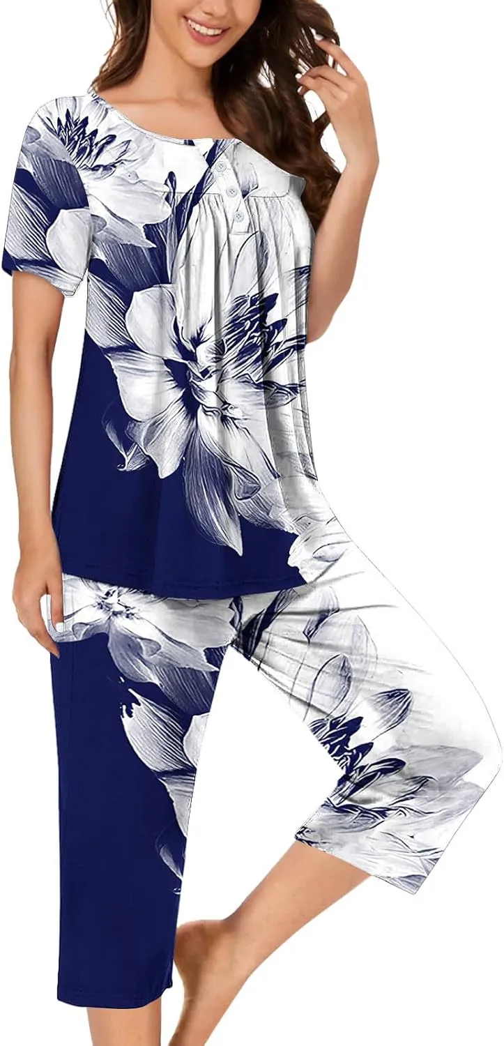 Women Pajama Sets Tie Dye 2 Piece Lounge Set Short Sleeve Henley Neck Shirt And Capri Pants Sleepwear With Pockets
