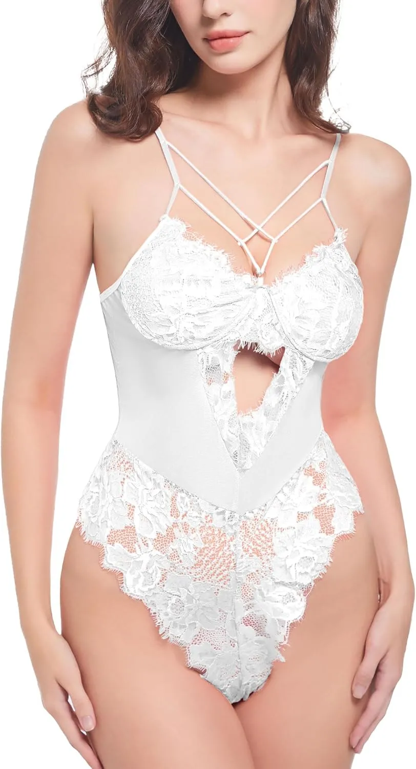 Women Sexy Lingerie Harness Floral Lace Lingerie Bodysuit One Piece Teddy Babydoll Nightgown